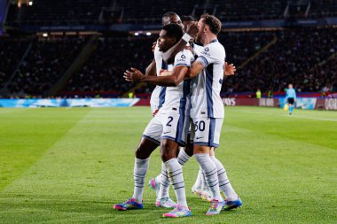 Inter 'in oyuncuları UEFA Şampiyonlar Ligi maçında Denzel Dumfries' in FC Barcelona ve Internazionale Milano (Maciej Rogowski)