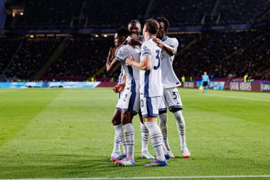 Inter 'in oyuncuları UEFA Şampiyonlar Ligi maçında Denzel Dumfries' in FC Barcelona ve Internazionale Milano (Maciej Rogowski)