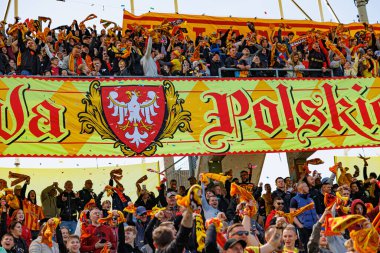 Korona taraftarları Korona Kielce ve Jagiellonia Bialystok (Maciej Rogowski) takımları arasında oynanan PKO BP Ekstraklasa maçı sırasında görüldü)