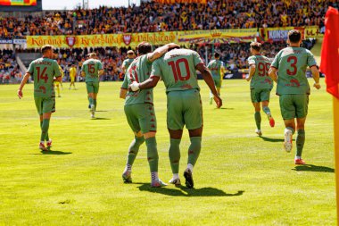 Afimico Pululu, Korona Kielce ve Jagiellonia Bialystok (Maciej Rogowski) takımları arasındaki PKO BP Ekstraklasa maçında gol attıktan sonra kutlama yaparken görüldü.)