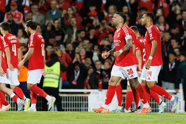 Benfica 'nın oyuncuları Liga Portekiz maçında GD Estoril Praia ile Estadio Antonio Coimbra da Mota' daki SL Benfica takımları arasında Nicolas Otamendi 'den gol üstüne gol atarken görüldü (Maciej Rogowski)