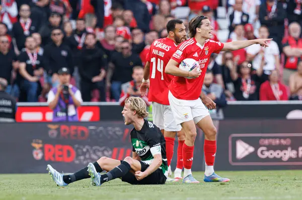Morten Hjulmand ve Alvaro Carreras, Liga Portekiz maçı sırasında SL Benfica ve Sporting CP (Maciej Rogowski)