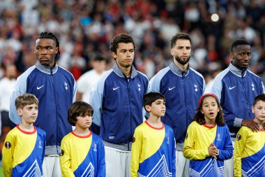 Destiny Udogie, Brennan Johnson ve Rodrigo Bentancur, UEFA Avrupa Ligi 2025 final maçında Tottenham Hotspur FC ve Manchester United FC (Maciej Rogowski)