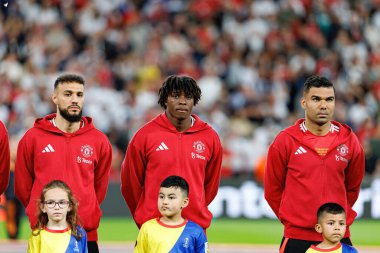 Noussair Mazraoui, Patrick Dorgu ve Casemiro UEFA Avrupa Ligi 2025 final maçında Tottenham Hotspur FC ve Manchester United FC (Maciej Rogowski)