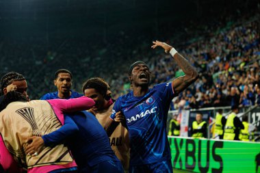 Chelsea 'nin oyuncuları, Real Betis Balompie ile Chelsea FC (Maciej Rogowski) arasındaki UEFA Konferans Ligi 2025 final maçında Jadon Sancho' dan gol üstüne gol atarken görüldü (Maciej Rogowski)