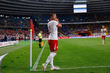 Matty Cash, Polonya ve Moldova milli takımları arasında oynanan uluslararası dostluk maçında attığı golün ardından kutlama yaparken görülüyor (Maciej Rogowski))