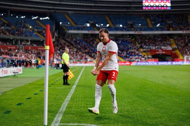 Matty Cash, Polonya ve Moldova milli takımları arasında oynanan uluslararası dostluk maçında attığı golün ardından kutlama yaparken görülüyor (Maciej Rogowski))