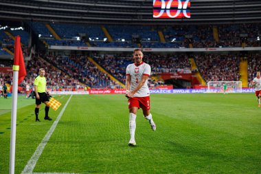 Matty Cash, Polonya ve Moldova milli takımları arasında oynanan uluslararası dostluk maçında attığı golün ardından kutlama yaparken görülüyor (Maciej Rogowski))