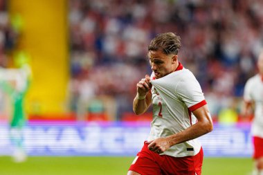 Matty Cash, Polonya ve Moldova milli takımları arasında oynanan uluslararası dostluk maçında attığı golün ardından kutlama yaparken görülüyor (Maciej Rogowski))