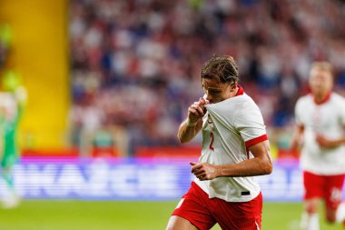 Matty Cash, Polonya ve Moldova milli takımları arasında oynanan uluslararası dostluk maçında attığı golün ardından kutlama yaparken görülüyor (Maciej Rogowski))