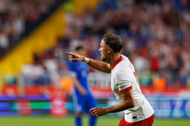 Matty Cash, Polonya ve Moldova milli takımları arasında oynanan uluslararası dostluk maçında attığı golün ardından kutlama yaparken görülüyor (Maciej Rogowski))