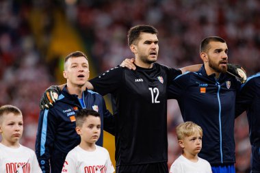 Polonya ve Moldova milli takımları arasında oynanan uluslararası dostluk karşılaşmasında Vadim Rata, Cristian Avram ve Vladyslav Babohlo görüldü (Maciej Rogowski)