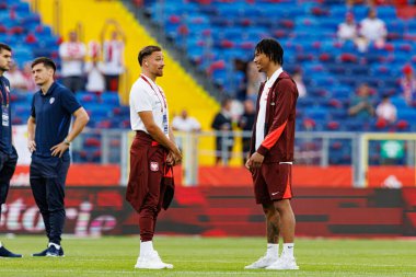 Polonya ve Moldova milli takımları arasında oynanan uluslararası dostluk maçı sırasında Matty Cash ve Maximilian Oyedele (Maciej Rogowski)