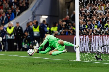 Diogo Costa, UEFA Uluslar Ligi 2025 final maçında Portekiz ve İspanya milli takımları arasında penaltı tasarrufu yaparken görüldü (Maciej Rogowski)