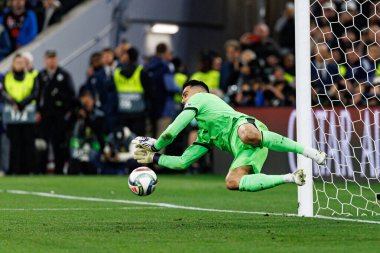 Diogo Costa, UEFA Uluslar Ligi 2025 final maçında Portekiz ve İspanya milli takımları arasında penaltı tasarrufu yaparken görüldü (Maciej Rogowski)