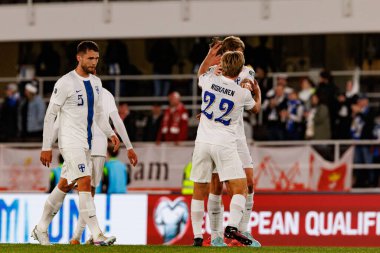 Finlandiya milli takımları ile Polonya milli takımları arasındaki Dünya Kupası 2026 Avrupa ön eleme maçında Finlandiya oyuncuları kutlama yaparken görüldü (Maciej Rogowski))