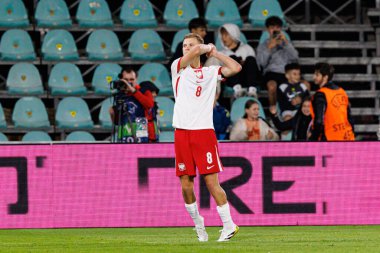 Jakub Kaluzinski, Polonya ve Gürcistan milli takımları arasında oynanan UEFA Euro U-21 2025 maçında gol attıktan sonra kutlama yaparken görüldü (Maciej Rogowski)