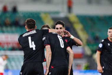 Nodar Lominadze, Polonya ve Gürcistan milli takımları arasında oynanan UEFA Euro U-21 2025 maçında gol attıktan sonra kutlama yaparken görüldü (Maciej Rogowski)
