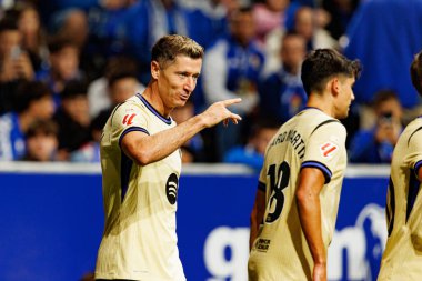 Robert Lewandowski seen celebrating after scoring goal during LaLiga EA SPORTS game between teams of Real Oviedo  and FC Barcelona at Carlos Tartiere Stadium (Maciej Rogowski/Ball Raw Images)
