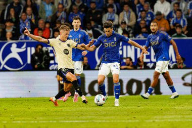 Dani Olmo and Alberto Reina seen during LaLiga EA SPORTS game between teams of Real Oviedo  and FC Barcelona at Carlos Tartiere Stadium (Maciej Rogowski/Ball Raw Images)