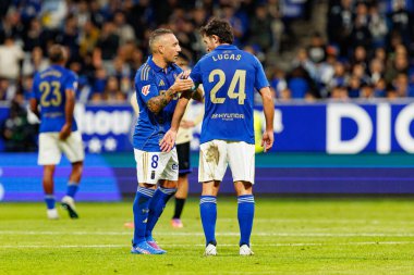 Santiago Santi Cazorla and Lucas Ahijado seen during LaLiga EA SPORTS game between teams of Real Oviedo  and FC Barcelona at Carlos Tartiere Stadium (Maciej Rogowski/Ball Raw Images)