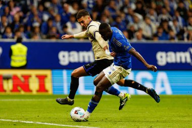 Ferran Torres and Eric Bailly seen during LaLiga EA SPORTS game between teams of Real Oviedo  and FC Barcelona at Carlos Tartiere Stadium (Maciej Rogowski/Ball Raw Images)