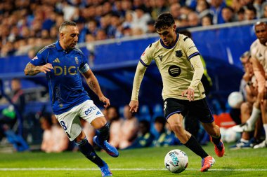 Santiago Santi Cazorla  and Pedri seen during LaLiga EA SPORTS game between teams of Real Oviedo  and FC Barcelona at Carlos Tartiere Stadium (Maciej Rogowski/Ball Raw Images)