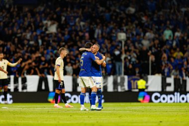 Alberto Reina and Santiago Santi Cazorla  seen celebrating after scoring goal during LaLiga EA SPORTS game between teams of Real Oviedo  and FC Barcelona at Carlos Tartiere Stadium (Maciej Rogowski/Ball Raw Images)