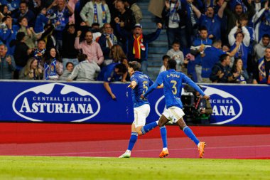 Abdel Rahim Alhassane and Alberto Reina seen celebrating after scoring goal during LaLiga EA SPORTS game between teams of Real Oviedo  and FC Barcelona at Carlos Tartiere Stadium (Maciej Rogowski/Ball Raw Images)