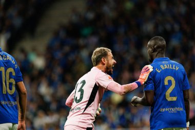 Aaron  Escandell and Eric Bailly seen during LaLiga EA SPORTS game between teams of Real Oviedo  and FC Barcelona at Carlos Tartiere Stadium (Maciej Rogowski/Ball Raw Images)