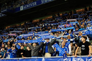 Fans of Real Oviedo seen during LaLiga EA SPORTS game between teams of Real Oviedo  and FC Barcelona at Carlos Tartiere Stadium (Maciej Rogowski/Ball Raw Images)