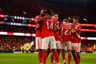 Dodi Lukebakio and Vangelis Pavlidis seen celebrating after scoring goal during Liga Portugal game between SL Benfica and Gil Vicente FC (Ball Raw Images/ Maciej Rogowski)