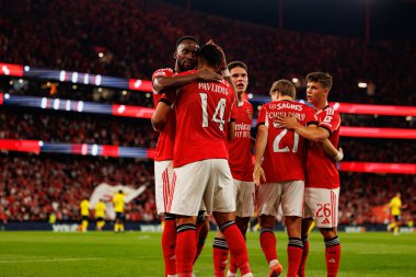 Dodi Lukebakio and Vangelis Pavlidis seen celebrating after scoring goal during Liga Portugal game between SL Benfica and Gil Vicente FC (Ball Raw Images/ Maciej Rogowski)