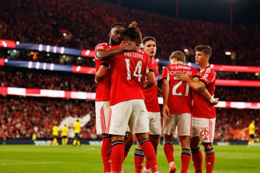 Dodi Lukebakio and Vangelis Pavlidis seen celebrating after scoring goal during Liga Portugal game between SL Benfica and Gil Vicente FC (Ball Raw Images/ Maciej Rogowski)