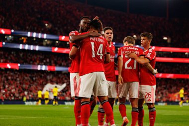 Dodi Lukebakio and Vangelis Pavlidis seen celebrating after scoring goal during Liga Portugal game between SL Benfica and Gil Vicente FC (Ball Raw Images/ Maciej Rogowski)