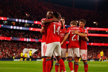 Dodi Lukebakio and Vangelis Pavlidis seen celebrating after scoring goal during Liga Portugal game between SL Benfica and Gil Vicente FC (Ball Raw Images/ Maciej Rogowski)