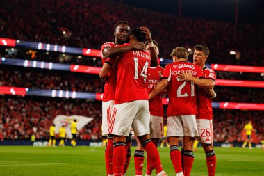 Dodi Lukebakio and Vangelis Pavlidis seen celebrating after scoring goal during Liga Portugal game between SL Benfica and Gil Vicente FC (Ball Raw Images/ Maciej Rogowski)