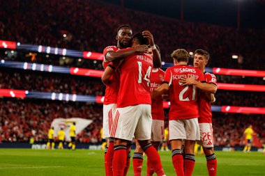 Dodi Lukebakio and Vangelis Pavlidis seen celebrating after scoring goal during Liga Portugal game between SL Benfica and Gil Vicente FC (Ball Raw Images/ Maciej Rogowski)