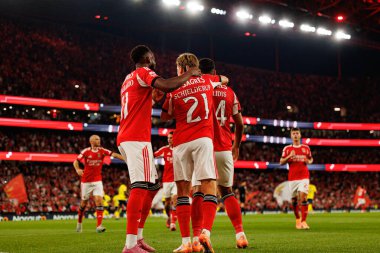 Dodi Lukebakio, Andreas Schjelderup and Vangelis Pavlidis seen celebrating after scoring goal during Liga Portugal game between SL Benfica and Gil Vicente FC (Ball Raw Images/ Maciej Rogowski)