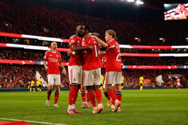 Dodi Lukebakio, Andreas Schjelderup and Vangelis Pavlidis seen celebrating after scoring goal during Liga Portugal game between SL Benfica and Gil Vicente FC (Ball Raw Images/ Maciej Rogowski)