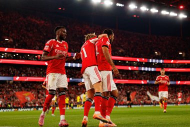 Dodi Lukebakio, Andreas Schjelderup and Vangelis Pavlidis seen celebrating after scoring goal during Liga Portugal game between SL Benfica and Gil Vicente FC (Ball Raw Images/ Maciej Rogowski)
