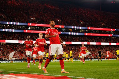 Vangelis Pavlidis seen celebrating after scoring goal during Liga Portugal game between SL Benfica and Gil Vicente FC (Ball Raw Images/ Maciej Rogowski)