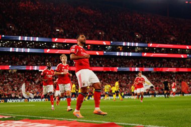 Vangelis Pavlidis seen celebrating after scoring goal during Liga Portugal game between SL Benfica and Gil Vicente FC (Ball Raw Images/ Maciej Rogowski)