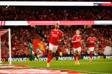Vangelis Pavlidis and Andreas Schjelderup seen celebrating after scoring goal during Liga Portugal game between SL Benfica and Gil Vicente FC (Ball Raw Images/ Maciej Rogowski)