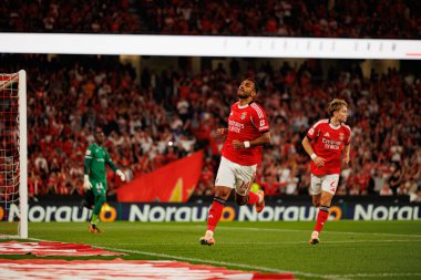 Vangelis Pavlidis and Andreas Schjelderup seen celebrating after scoring goal during Liga Portugal game between SL Benfica and Gil Vicente FC (Ball Raw Images/ Maciej Rogowski)