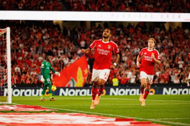 Vangelis Pavlidis and Andreas Schjelderup seen celebrating after scoring goal during Liga Portugal game between SL Benfica and Gil Vicente FC (Ball Raw Images/ Maciej Rogowski)