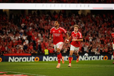 Vangelis Pavlidis and Andreas Schjelderup seen celebrating after scoring goal during Liga Portugal game between SL Benfica and Gil Vicente FC (Ball Raw Images/ Maciej Rogowski)