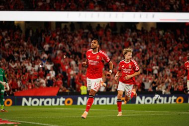 Vangelis Pavlidis and Andreas Schjelderup seen celebrating after scoring goal during Liga Portugal game between SL Benfica and Gil Vicente FC (Ball Raw Images/ Maciej Rogowski)