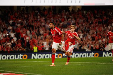 Vangelis Pavlidis and Andreas Schjelderup seen celebrating after scoring goal during Liga Portugal game between SL Benfica and Gil Vicente FC (Ball Raw Images/ Maciej Rogowski)