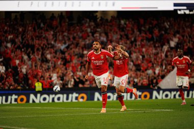 Vangelis Pavlidis and Andreas Schjelderup seen celebrating after scoring goal during Liga Portugal game between SL Benfica and Gil Vicente FC (Ball Raw Images/ Maciej Rogowski)